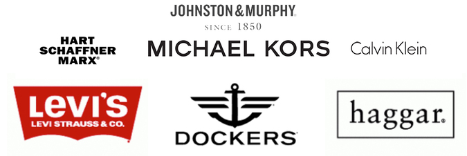 Different logos of brands that Libins works with, including Johnston and Murphy, Hart Schaffner Marx, Michael Kors, Calvin Klein, Levi’s, Dockers, and Haggar